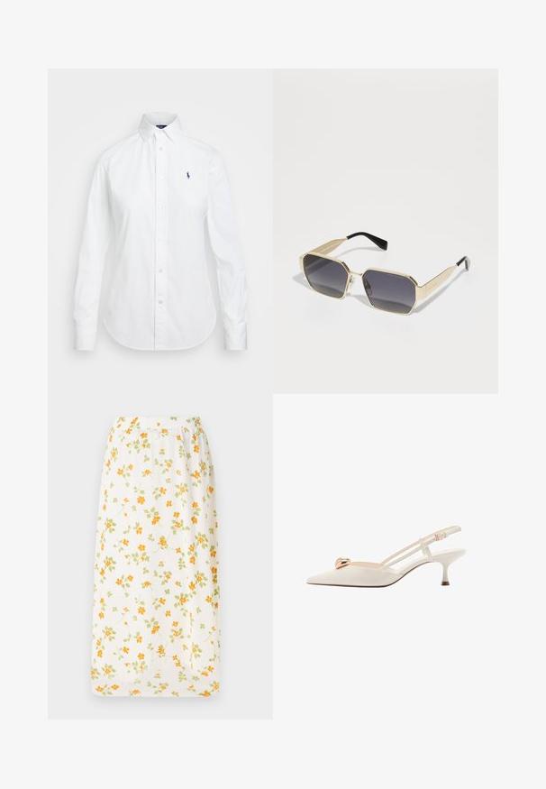 Witte button-up shirt met een puntige kraag, lange mouwen en een klein blauw logo op de linkerborst. Gemaakt van katoen.; Floral lange rok van lichtgewicht stof, witte basis met verspreide oranje en groene bloemen, elastische tailleband, luchtig ontwerp.; Crème-kleurige slingback schoen met een spitse neus, dunne banden en een gouden accent op de wreef. Heeft een lage, smalle hak.; Goudkleurige achthoekige zonnebril met donkergrijze glazen. Zwarte kunststof uiteinden van de pootjes en kleine hardwareaccenten op het montuur.; Witte leren handtas met gouden beslag, voorzien van een flapsluiting en een afneembare, verstelbare band. Ronde metalen accenten in het midden.; Singularu DROP - Oorbellen - gold-coloured