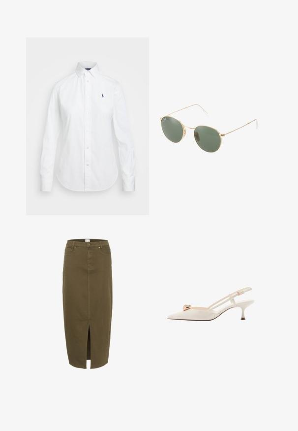 Chemise blanche à boutons avec un col pointu, des manches longues et un petit logo bleu sur la poitrine gauche. Fabriquée en tissu en coton.; Jupe en jean vert olive, de longueur genoux avec une fente avant, des passants de ceinture et deux poches avant, mettant en avant des accents de couture subtils.; Chaussure slingback de couleur crème avec un bout pointu, de fines brides et un accent doré sur le devant. Présente un talon bas et étroit.; Lunettes de soleil avec monture en métal doré, verres verts, forme ronde, branches fines et accents en plastique blanc aux extrémités des branches.; Sac à main en cuir blanc avec ferrures dorées, doté d'un rabat et d'une bandoulière amovible et réglable. Ornement métallique rond au centre.; Singularu DROP - Boucles d'oreilles - gold-coloured