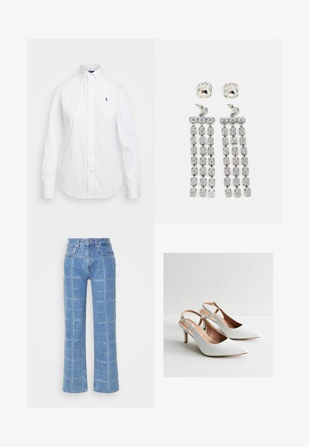 Witte button-up shirt met een puntige kraag, lange mouwen en een klein blauw logo op de linkerborst. Gemaakt van katoen.; Lichtblauwe denimjeans met een rechte pijp, voorzien van een rasterpatroon van zilveren studs en een klassieke vijf-pocketontwerp.; Witte slingback hakken met een puntige neus, leren materiaal, minimalistisch ontwerp en een middenhoge stilettohak. Verstelbaar enkelbandje.; Kruisdruppel oorbellen met hardware in zilvertint, gekenmerkt door een vierkante stud en watervallen van rechthoekige en octagonale kristallen.