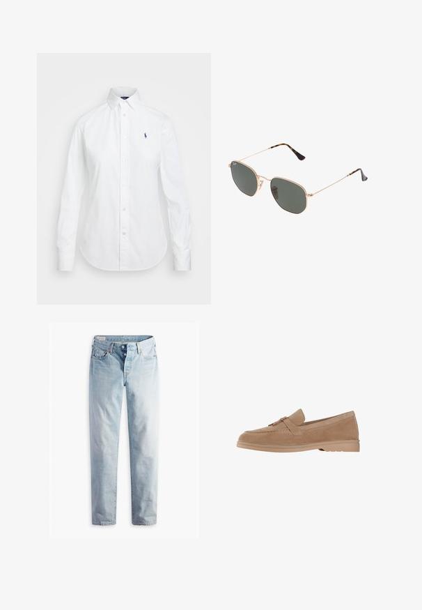 Hvid skjorte med knapper, spids krave, lange ærmer og et lille blåt logo på venstre bryst. Fremstillet af bomuldsstof.; Lys blå denimjeans med lige pasform, to frontlommer og to baglommer. Inkluderer to-knaps lynlås og subtil syning.; Suedesko loafers i lys beige med en rund tå, udstyret med en dekorativ rem og detaljer i guldtoner, placeret på en let gummisål.; Guldmetallisk brille med mørkegrønne linser, aviator-stil, med slanke arme og skildpadde-mønstrede detaljer på spidserne.; Brun kortærmet sweater parret med en grøn lædertaske med buet design og detaljer i guld, siddende på en træstol.