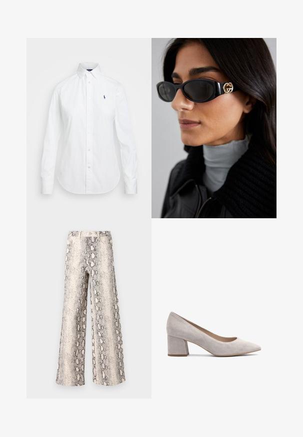 Biela košeľa s gombíkmi a špicatým golierom, dlhými rukávmi a malým modrým logom na ľavej hrudi. Vyrobená z bavlnenej látky.; Široké nohavice so vzorom hada, s krémovo-sivou farebnou paletou, vyrobené z textúrovanej látky s vysokým pásom.; Šedé semišové lodičky na blokovom podpätku s špicatou špičkou, hladkým povrchom a nízkym otvorom pre jednoduché obúvanie. Pevný podpätok poskytuje stabilitu.; Čierne slnečné okuliare s elegantným obdĺžnikovým rámom a zlatým logom na boku. Tmavé šošovky a lesklý povrch sú výrazné.; Sivá textúrovaná kabelka s polstrovanou rukoväťou, sieťovými akcentmi, nastaviteľným remienkom a predným uzávierom. Kompaktný dizajn s guľatým tvarom.