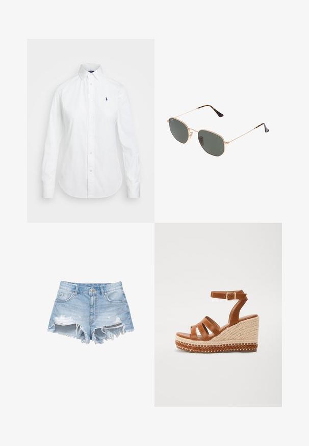 White button-up shirt with a pointed collar, long sleeves, and a small blue logo on the left chest. Crafted from cotton fabric.; Light blue denim shorts with distressed detailing, frayed hems, and five pockets. Features a button closure and belt loops.; Brown leather wedge sandals feature a woven jute sole, open-toe design with three straps, and a buckle ankle strap for secure fit.; Gold metal-frame sunglasses with dark green lenses, aviator style, featuring slim arms and tortoiseshell accents on the tips.; White leather handbag with gold hardware, featuring a flap closure and a detachable, adjustable strap. Rounded metal accent in center.; Gold hoop earrings with a smooth, polished surface, featuring a hinged closure and a rounded, elongated design.