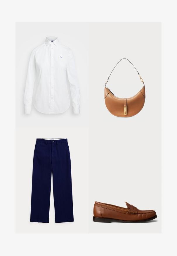 White button-up shirt with a pointed collar, long sleeves, and a small blue logo on the left chest. Crafted from cotton fabric.; Navy blue straight-leg trousers with belt loops, button closure, and side pockets on a plain light background.; Polo Ralph Lauren Moccasins - dark brown; Tan leather handbag with a curved shape, gold hardware, and a thin shoulder strap. Features a zipper closure and logo detail on the front.
