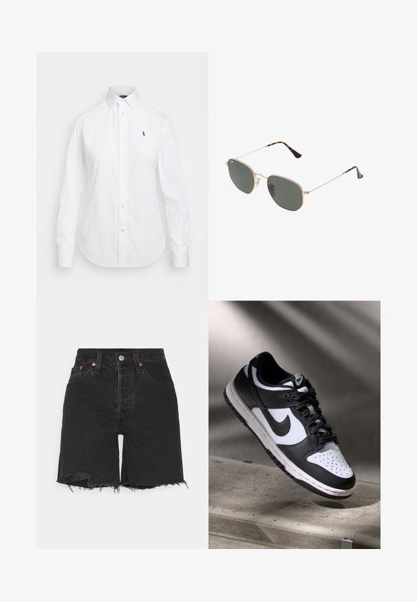 White button-up shirt with a pointed collar, long sleeves, and a small blue logo on the left chest. Crafted from cotton fabric.; Black denim shorts with a high waist, featuring a raw hem and distressed detailing. Includes five pockets and a metal button closure.; Black and white Nike Dunk Low sneaker with leather upper, perforated toe box, and black laces, featuring a white sole and logo accents.; Gold metal-frame sunglasses with dark green lenses, aviator style, featuring slim arms and tortoiseshell accents on the tips.; White leather handbag with gold hardware, featuring a flap closure and a detachable, adjustable strap. Rounded metal accent in center.