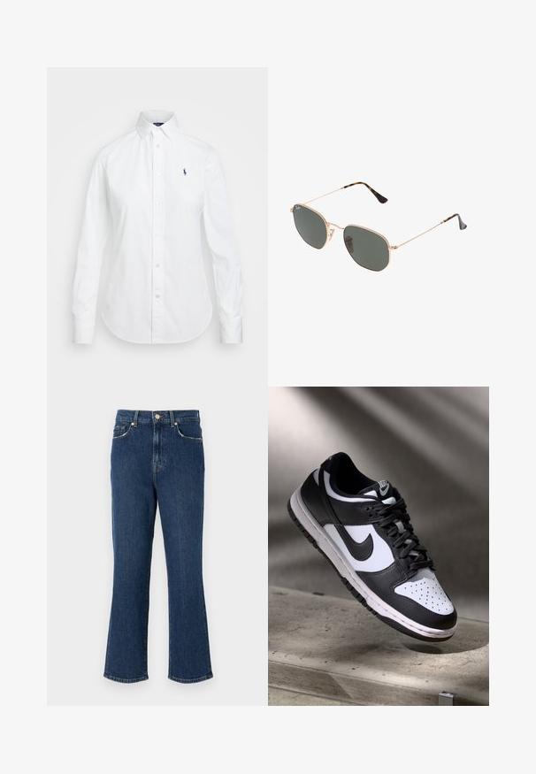 Camisa branca de botão com colarinho pontiagudo, mangas longas e um pequeno logótipo azul no lado esquerdo do peito. Confeccionada em tecido de algodão.; Jeans de ganga azul-escuro, com corte à boca de sino, cintura definida, bolsos frontais e detalhes em metal dourado. Textura lisa com pormenores de costura.; Sapatilha Nike Dunk Low em preto e branco com parte superior em pele, caixa de biqueira perfurada e atacadores pretos, apresentando uma sola branca e detalhes em logótipos.; Óculos de sol de armação dourada com lentes verde-escuras, estilo aviador, apresentando hastes finas e detalhes em tartaruga nas pontas.; Bolsa de mão em couro acolchoado preto com uma alça de corrente dourada e um fecho de pressionar com um canto circular. Formato retangular compacto.