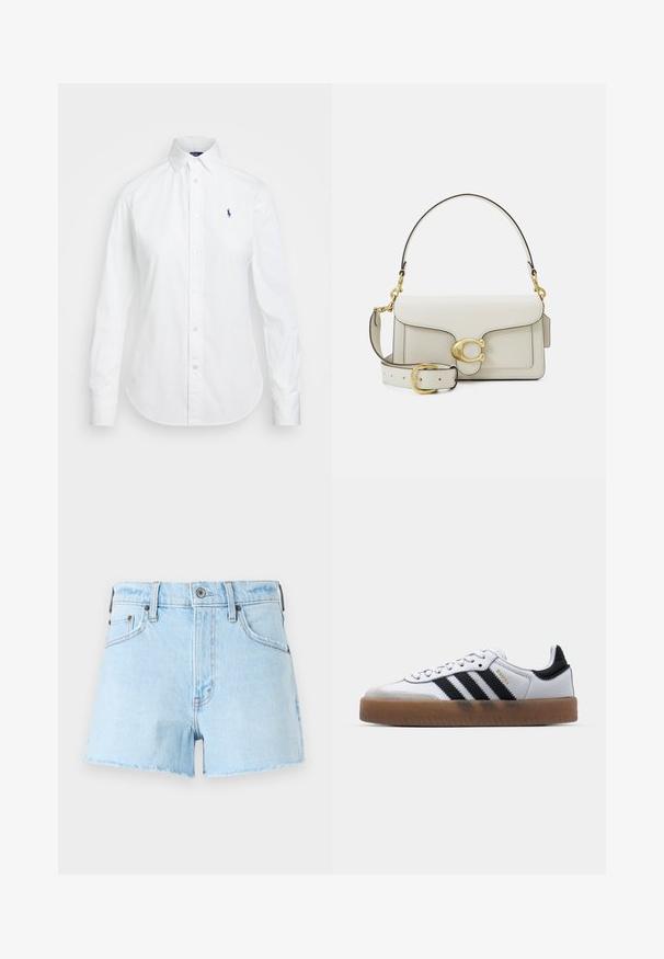 White button-up shirt with a pointed collar, long sleeves, and a small blue logo on the left chest. Crafted from cotton fabric.; Light blue denim shorts with a frayed hem, featuring five pockets, a button closure, and stitched detailing along the seams.; White leather sneakers with black stripes, gum rubber outsole, round toe, lace-up closure, and soft gray suede toe cap.; White leather handbag with gold hardware, featuring a flap closure and a detachable, adjustable strap. Rounded metal accent in center.