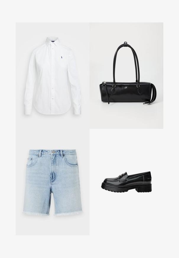 Vit skjort med spetsig krage, långa ärmar och en liten blå logotyp på vänster bröst. Tillverkad av bomullstyg.; Ljusblå denimshorts med fransad fåll, klassisk femfickorsdesign och framknäppning. Tyget verkar mjukt med en lätt textur.; Svarta lackläder loafers med en kraftig sula, som har ett dekorativt rem och subtila sömnadsdetaljer. Gummitextur på yttersulan.; Svart läderhandväska med rektangulär form, slät yta, två handtag, blixtlås och en liten logotyp framtill.