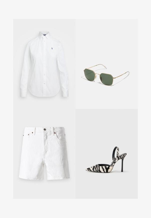 Fehér ing, álló gallérral, hosszú ujjakkal, bal mellen egy kis kék logóval. Pamut anyagból készült.; Fehér farmer sort klasszikus dizájnnal, ötpocket stílusban, réz gombokkal és enyhén texturált szövetfelülettel.; Fekete és krémszínű zebramintás, hegyes orrú, slingback sarkú cipő, karcsú magas sarokkal és nyitott hátsó résszel, fekete belsővel.; Aranyszínű keretes napszemüveg zöld lencsékkel, nyolcszögletű formával, vékony szárakkal és áttetsző végződésekkel. Minimalista dizájn és fém kiegészítők jellemzik.; Fehér bőrtáska arany tónusú záródással, fekete részletekkel, levehető vállpánttal és strukturált kialakítással, amely hajtókás záródással rendelkezik.