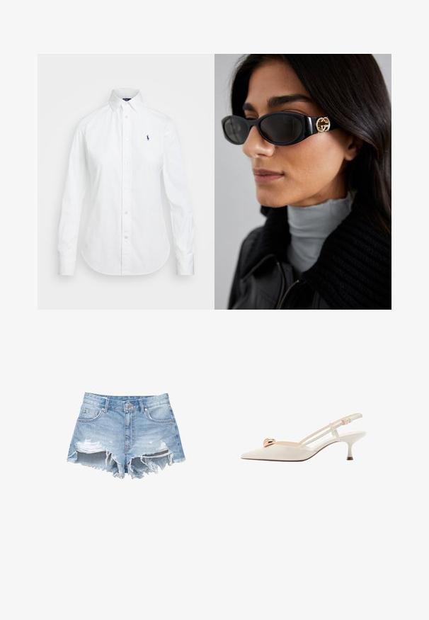 Biała koszula zapinana na guziki z ostro zakończonym kołnierzykiem, długimi rękawami i małym niebieskim logo na lewej stronie klatki piersiowej. Wykonana z bawełnianej tkaniny.; Jasnoniebieskie szorty dżinsowe z postrzępionymi brzegami i przetarciami. Posiadają standardowe kieszenie i metalowe zapięcie.; Kremowy but slingback z wąskim noskiem, cienkimi paskami i złotym akcentem na wierzchu. Posiada niski, wąski obcas.; Czarne okulary przeciwsłoneczne o eleganckim, prostokątnym kształcie z logo w kolorze złotym na boku. Ciemne soczewki i błyszczące wykończenie są wyraźnie widoczne.; Biała skórzana torebka z złotymi okuciami, wyposażona w klapę zamykającą oraz odpinany, regulowany pasek. Okrągły metalowy element ozdobny na środku.; Złote kolczyki w kształcie obręczy z gładką, wypolerowaną powierzchnią, z zapięciem na zawias i zaokrąglonym, wydłużonym kształtem.