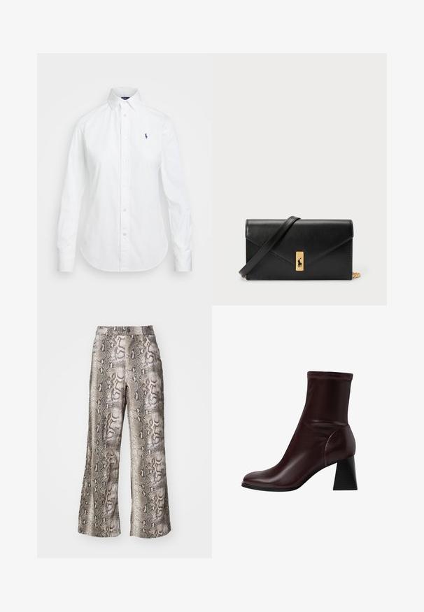 Vit skjort med spetsig krage, långa ärmar och en liten blå logotyp på vänster bröst. Tillverkad av bomullstyg.; Vidbenade byxor i ormskinsmönster, med en blandning av grå, brun och beige nyanser, tillverkade av smidig tyg med en lätt glans.; Stradivarius BLOCK - Stövletter - dark red; Svart läderplånbok med vikbar lucka, guldhardware och logotypdetalj. Inkluderar en avtagbar rem för bärande.