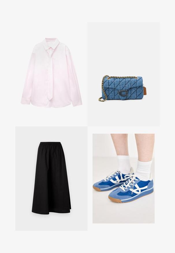 Light pink long-sleeve shirt with white vertical stripes and a matching tie. Smooth texture, button-down collar, and cuffed sleeves.; Black, knee-length skirt made of lightweight material with an elastic waistband and a relaxed, A-line silhouette. Features no visible patterns.; Blue athletic shoes with suede and mesh upper, white accents, flat laces, and gum rubber soles, paired with white ribbed socks.; Blue quilted denim shoulder bag with a gold chain strap and a prominent gold logo accent on the front. Compact rectangular shape.