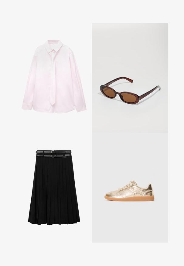 Lys pink langærmet skjorte med hvide lodrette striber og et matchende slips. Glat tekstur, knap- ned krave og manchetter.; Sort plisseret nederdel med to læderremme og sølvspænder i livet. Fremstillet af et glat, flydende stof.; Lave sneakers med metallisk gylden tekstureret overdel, beige snørebånd og gummisål, vist fra ydersiden på hvid baggrund.; Runde, bruntonede solbriller med en glansfuld bordeauxramme. Slanke arme med diskret brandingdetalje. Flad linsedesign.; Lædertaske med leopardprint og en sort imitation læderbund, dobbelte top hanke, guld lynlås og accentuerede sorte imitation læderlapper. Firkantet form.