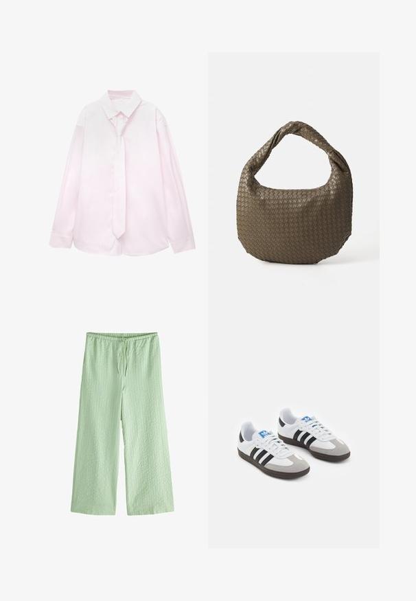 Cămașă lungă cu mânecă roze deschis, cu dungi verticale albe și o cravată asortată. Textură netedă, guler cu botton-down și mâneci mansetate.; Next TEXTURED STRIPE WIDE LEG PETITE - Pantaloni - green; Încălțăminte sport cu un superior din piele albă, vârf din suede gri și trei dungi negre. Prezintă un logo albastru pe limbă și o talpă din cauciuc texturat.; Geantă țesută de culoare verde măslinie, cu o formă rotundă și un mâner răsucit. Suprafața texturată prezintă un model diagonal. Închidere cu fermoar.