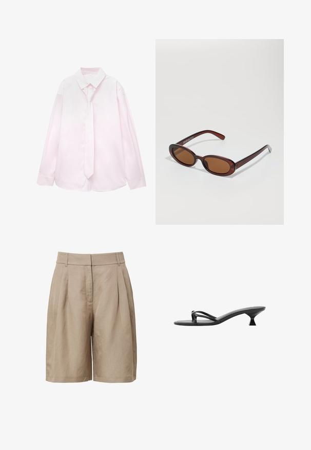 Helles rosa Langarmhemd mit weißen vertikalen Streifen und einer passenden Krawatte. Glatte Textur, Button-Down-Kragen und geknöpfte Ärmel.; Beige High-Waist-Shorts aus strukturiertem Stoff, mit Falten an der Vorderseite und seitlichen Taschen, im geraden Bein schnitt.; Schwarze High Heels Sandalen mit einem eleganten Design, dünnen Riemen und einem einzigartigen dreieckigen Absatz. Glatte Textur mit einem minimalistischen Look.; Runde, braun getönte Sonnenbrillen mit einem glänzenden burgunderfarbenen Rahmen. Schlanke Bügel mit dezentem Branding. Flaches Linsendesign.