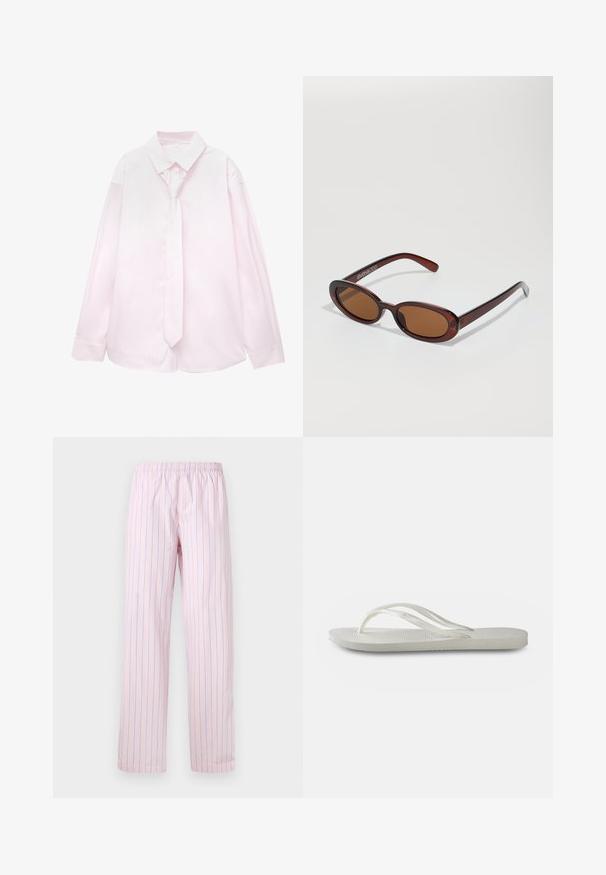 Svetloružová košeľa s dlhým rukávom a bielymi vertikálnymi pruhmi, spolu s ladiacou kravatu. Hladká textura, golier s gombíkmi a manžety s gombíkmi.; Svetloružové nohavice s vertikálnymi modrými pruhmi, vyrobené z hladkej tkaniny, s elastickým pásom a širokým strihom.; Biele žabky s textúrovanou podrážkou, tenkými popruhmi a plochým dizajnom. Vyrobené z gumy s jemným logom na podošve.; Okrúhle slnečné okuliare s hnedým nádychom a lesklým burgundským rámom. Úzke ramená s jemným brandovaním. Plochej šošovky dizajn.; Mango Veľká kabelka - dark brown