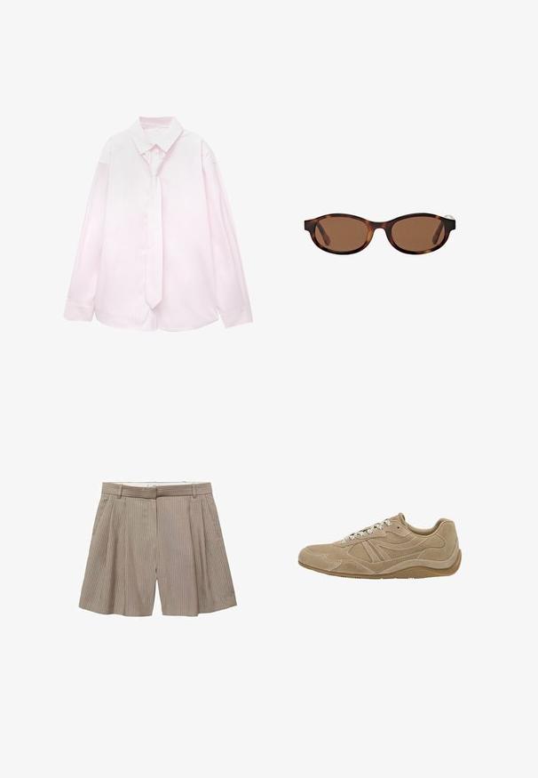 Camicia a maniche lunghe rosa chiaro con righe verticali bianche e cravatta abbinata. Tessuto liscio, colletto a camicia e maniche con polsini.; Shorts beige plissettati realizzati in tessuto con righe verticali. Presentano una vita con passanti per la cintura e una vestibilità dritta.; Sneaker in suede beige con profilo basso, superficie texturizzata e lacci bianchi. Presenta un design curvo e una suola in gomma per una migliore aderenza.; Occhiali da sole con lenti tonde di colore marrone, caratterizzati da una montatura ovale e un motivo tartaruga, con aste ampie. Texture liscia e dettagli di branding discreti sul lato.; Borsa tote in pelle intrecciata marrone con due manici, dalla forma strutturata e superficie texturizzata, caratterizzata da un motivo a diamante in tutto il suo corpo.
