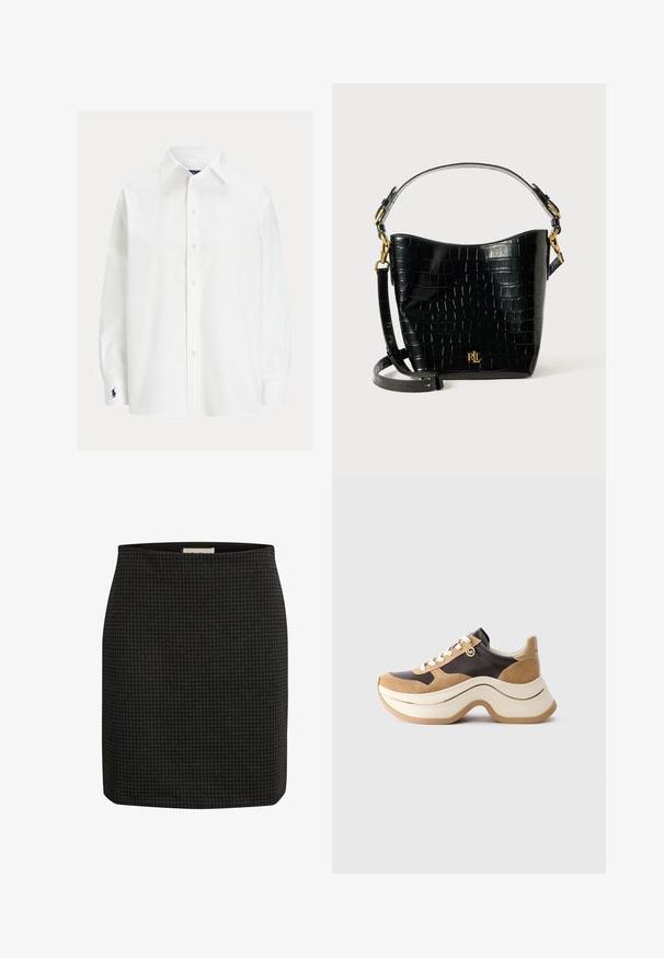 Camisa blanca de manga larga con cuello clásico, cierre de botones y un pequeño logo bordado en el puño. Tela de algodón suave con una textura lisa.; Falda de cuadros houndstooth en negro con un diseño ajustado, silueta recta y una textura suave. Dispone de una cinturilla para mayor comodidad.; Zapatillas de suela gruesa en beige y marrón oscuro con acentos de ante, cordones blancos y un pequeño charm dorado de MK en el costado.; Bolso de cuero negro con estampado de cocodrilo, de forma curvada, con detalles de hardware dorado, una correa ajustable y un logo en la parte frontal.