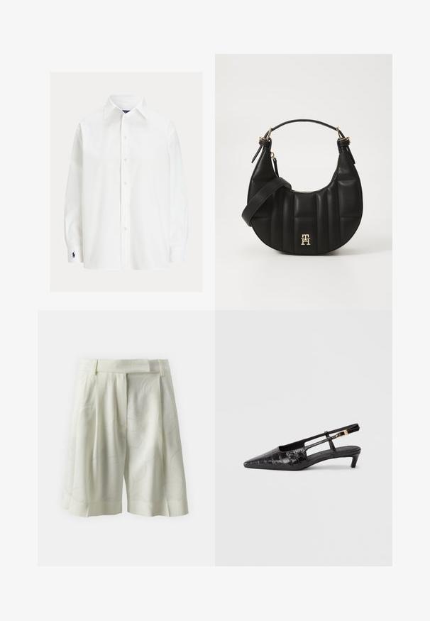 Hvit langermet skjorte med klassisk krage, knappeåpning og en liten brodert logo på mansjetten. Glatt bomullsstoff med en ensfarget tekstur.; Plisserte shortser i lys elfenbenstoff med et subtilt abstrakt mønster. Har en flat midjeres og en avslappet passform, ideell for varmt vær.; Sorte skinn slingback-sko med spiss tå og krokodillemønster, liten stablet hæl og justerbar stropp med metallspenne.; Svart skinnhåndveske med en buet form, kviltet tekstur og gullhardware. Har en avtagbar skulderrem og logo-detaljer.