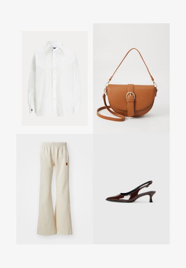 Camisa branca de manga longa com colarinho clássico, fecho por botão e um pequeno logótipo bordado na manga. Tecido de algodão suave com uma textura lisa.; Calças bege, justas na parte superior e largas na parte inferior, feitas de um tecido suave, com um cós elástico e um bolso lateral. Apresenta um pequeno emblema no quadril.; Sapato slingback em pele sintética castanha com bico pontiagudo e salto moderado. Apresenta uma fivela para um ajuste seguro. Textura suave.; Bolsa transversal de couro castanho com um formato curvado, ferragens douradas e um detalhe de fivela. Inclui uma alça de ombro destacável.