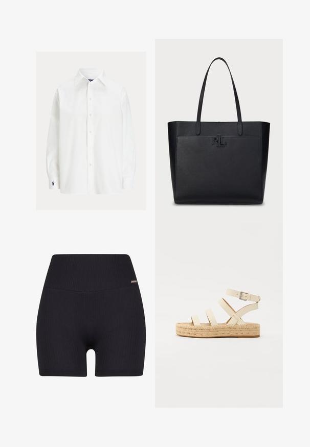 Camisa blanca de manga larga con cuello clásico, cierre de botones y un pequeño logo bordado en el puño. Tela de algodón suave con una textura lisa.; Pantalones cortos negros de canalé con una cintura alta y una textura suave. El diseño incluye un discreto acento de la marca en la cintura.; Sandalia de espadrille de cuero color beige claro con cuatro tiras cruzadas y un hebilla en el tobillo, que cuenta con una suela de plataforma de yute trenzado y un fondo de goma plano.; Bolsa tote de cuero negro con superficie texturizada, asas dobles y logo en relieve "RL" en la parte delantera. Forma rectangular, diseño minimalista.; Pendientes de aro de metal en tono dorado con una forma curva y alargada. Presentan una superficie lisa y brillante y una punta redondeada para mayor detalle.