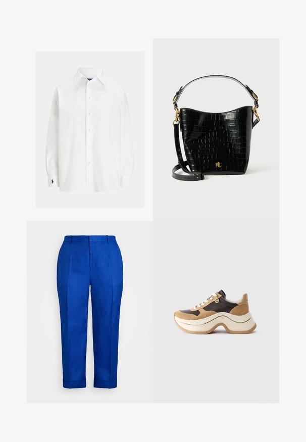 Cămașă albă cu mânecă lungă, guler clasic, închidere cu nasturi și un mic logo brodat pe manșetă. Țesătură de bumbac netedă, cu o textură simplă.; Pantaloni din in albastru cu o croială dreaptă, având o textură fină, mansete la margini și pliuri frontale pentru un aspect elegant.; Adidași cu talpă groasă în bej și maroniu închis, cu accente din suede, șireturi albe și un mic farmec aurie MK pe lateral.; Geantă din piele cu embossare croc neagră, cu o formă curbată, accente din metal aurit, curea ajustabilă și un detaliu cu logo în față.
