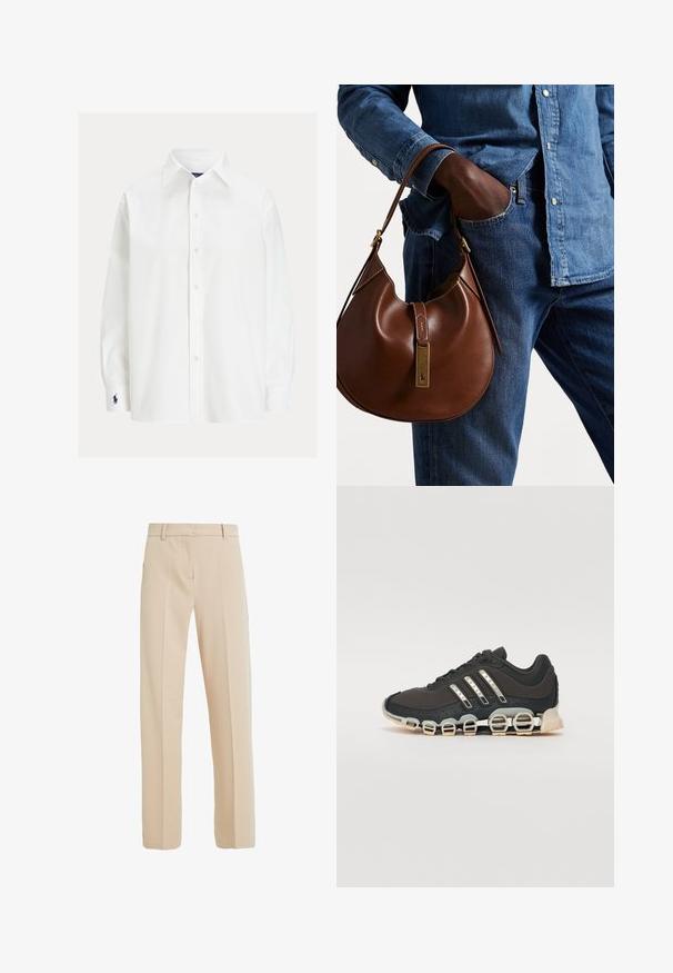 Biela košeľa s dlhým rukávom a klasickým golierom, zapínanie na gombíky a malé vyšívané logo na manžete. Hladká bavlnená tkanina s jednoduchou textúrou.; Béžové nohavice s presným strihom vyrobené z hladkej látky, s rovnými nohavicami, bočnými vreckami a skladkou pozdĺž prednej časti.; Čierna športová obuv s textúrovaným zvrškom, tromi striebornými pruhmi a charakteristickou podošvou s viacerými integrovanými sekciami.; Hnedá kožená hobo taška s okrúhlym tvarom, so zlatými kovovými akcentmi a kontrastným prešívaním. V kombinácii s džínsovou košeľou a džínsami.