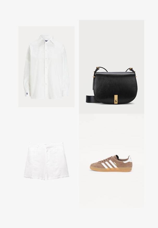 Camicia bianca a maniche lunghe con colletto classico, chiusura con bottoni e un piccolo logo ricamato sul polsino. Tessuto di cotone liscio con una texture semplice.; Bermuda bianche in cotone con una vestibilità sartoriale, dotate di tasche frontali, patta con zip e vita piatta. Tessuto liscio, senza motivi visibili.; Sneaker in suede marrone con tre strisce bianche, logo dorato "Gazelle" e suola in gomma. Presenta linguetta e tallone imbottiti per il comfort.; Borsa a tracolla in pelle nera con un' accentatura in metallo dorato e tracolla regolabile, caratterizzata da una texture liscia e una forma curvata.