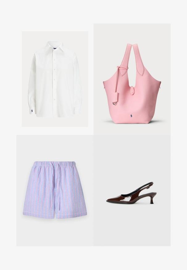 Biela košeľa s dlhým rukávom a klasickým golierom, zapínanie na gombíky a malé vyšívané logo na manžete. Hladká bavlnená tkanina s jednoduchou textúrou.; Svetlofialové šortky s ružovými vertikálnymi pruhmi, s elastickým pásom a šnúrkou na stiahnutie. Vyrobené z jemného materiálu a s voľným strihom.; Hnedá lakovaná slingback obuv s špicatou špičkou a mierne vysokým opätkom. Obsahuje pracku pre bezpečné upevnenie. Hladká textúra.; Ružová kožená taška s textúrovaným povrchom, vybavená dvoma predĺženými uchami a malou odnímateľnou visačkou. Logo umiestnené na spodnej strane.