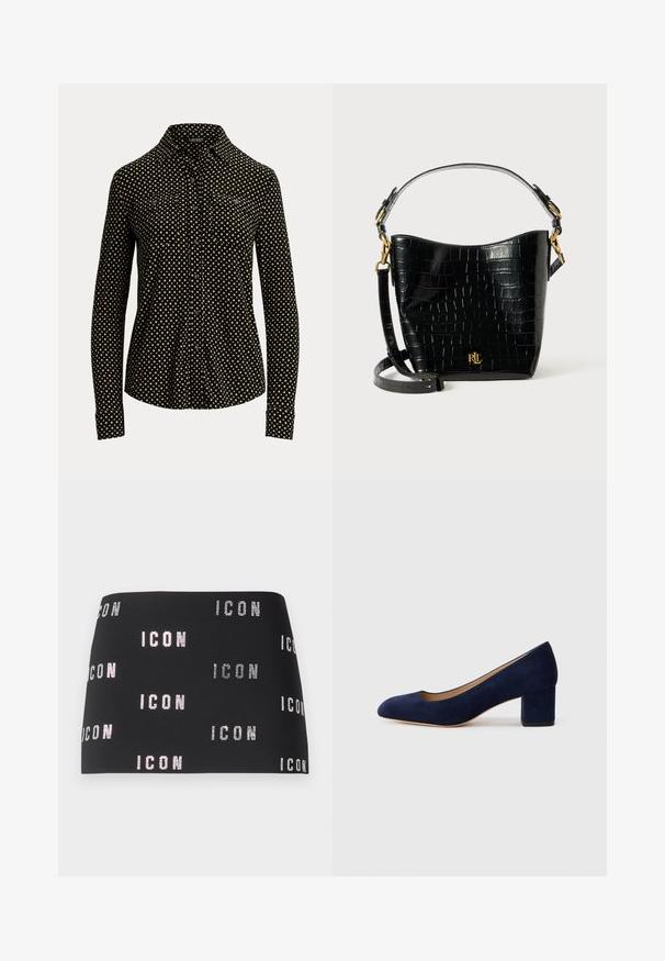 Chemise noire à boutons avec un motif carré blanc, à manches longues, col et deux poches avant, fabriquée dans un tissu doux.; Mini-jupe noire avec un texte "ICON" scintillant en motif répétitif sur le tissu, texture lisse et design ajusté.; Escarpin en daim bleu marine avec un bout pointu et un talon bloc de hauteur intermédiaire. Texture lisse avec un subtil éclat et une petite découpe à l'avant.; Sac en cuir noir à motif crocodile, de forme courbée, avec des accents en métal doré, une bandoulière ajustable et un détail de logo à l'avant.
