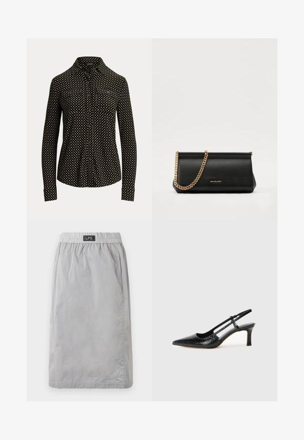 Černá košile na knoflíky s bílým čtvercovým vzorem, dlouhé rukávy, límeček a dvě přední kapsy, vyrobená z měkké látky.; Šedá sukně ke kolenům vyrobená z lehkého materiálu, s elastickým páskem a bočními kapsami. Na pásku je značka "LPS".; Černé lakované slingback podpatky s špičatou špičkou, zdobené texturovaným hadím vzorem, nastavovacím páskem a krátkým texturovaným blokovým podpatkem.; Černá kožená psaníčko s zlatým řetízkem, vyznačující se hladkým povrchem, obdélníkovým tvarem a reliéfním logem na přední straně.