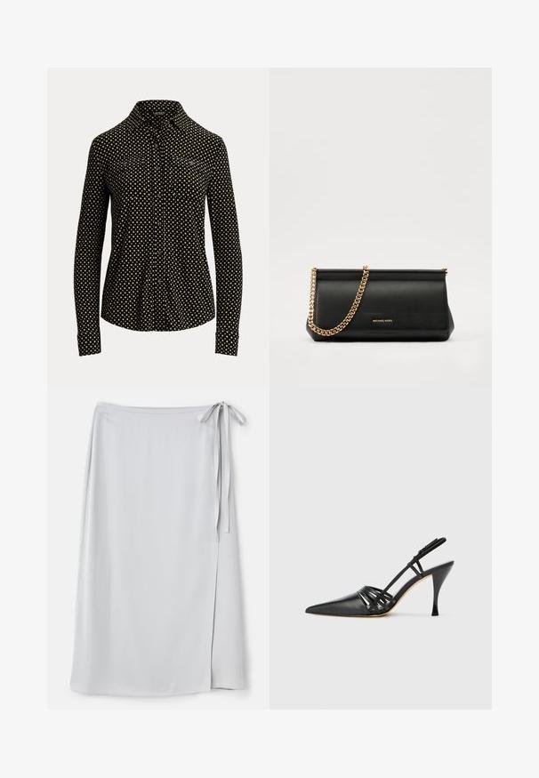 Svart knapp-up skjorte med hvitt rutemønster, lange ermer, krage og to frontlommer, laget av et mykt stoff.; Lys grå omslagskjørt med en glatt tekstur, sidetilknytning og en subtil splitt på venstre side. Enkelt design uten mønstre eller aksenter.; Sorte lærhæl med åpen bak, spiss tå, krysset stropp design, og slank stiletthæl. Glatt tekstur og minimale detaljer.; Svart skinnkuvertveske med en gullkjede-rem, med en glatt tekstur, rektangulær form og preget merkevare på forsiden.