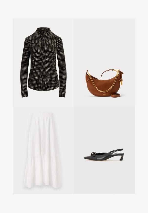 Melnas pogas krekls ar baltu kvadrātu rakstu, garām piedurknēm, ar apkakli un divām priekšējām kabatām, izgatavots no mīkstas auduma.; Balta midi svārki, izgatavoti no viegla auduma, ar pakāpenisku dizainu, kas rotāts ar smalku ziedu izšuvumu un savilkta jostas daļa.; Melnas ādas siksnu kurpes ar smailu pirkstu, nelielu papēdi un dekoratīvu sprādzi augšdaļā. Gluda tekstūra, minimālistisks dizains.; Brūns ādas rokassomu ar izliekta dizaina, zelta ķēdes siksnu, iekšējo kabatu un noņemamu plecu siksnu. Ievērojama kontrastējoša šuvuma detaļa.