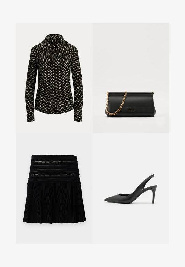 Zwarte button-up shirt met een wit vierkant patroon, lange mouwen, kraag en twee voorzakken, gemaakt van een zachte stof.; Zwarte geplooide rok met een gestructureerd ribbelontwerp. Bevat horizontale banddetails bij de taille met uitsnijdingen. Korte lengte.; Zwarte leren slingback hoge hakken met een puntige neus, met een uitsparing aan de voorkant en een dunne stilettohak.; Zwarte leren clutch tas met een gouden kettinghengsel, voorzien van een gladde textuur, rechthoekige vorm en reliëfmerk op de voorkant.