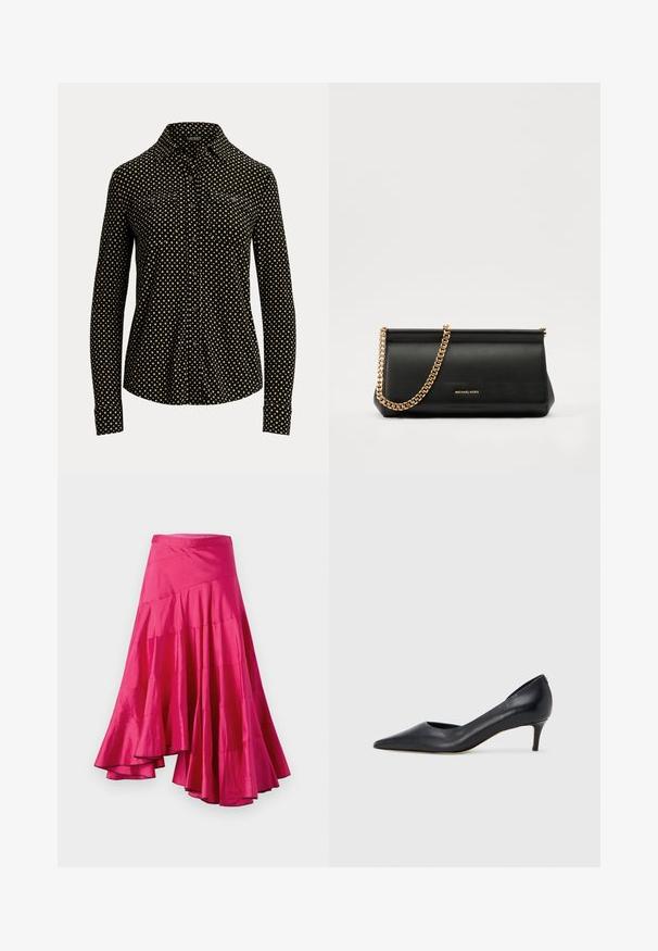 Camisa negra de botones con patrón de cuadrados blancos, de manga larga, con cuello y dos bolsillos en la parte frontal, hecha de una tela suave.; Falda de satén magenta con dobladillo acampanado, que presenta paneles en capas y un diseño asimétrico. Textura suave y corte a media longitud.; Zapato de tacón bajo de cuero negro con punta puntiaguda. Presenta una textura lisa y un brillo sutil. Corte abierto en la parte frontal para un detalle adicional.; Cartera de mano de piel negra con una correa de cadena dorada, que presenta una textura suave, forma rectangular y un logotipo en relieve en la parte frontal.