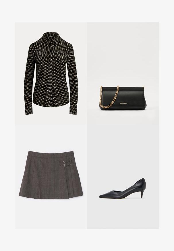 Schwarze Hemd mit Knöpfen, weißem quadratischem Muster, langen Ärmeln, Kragen und zwei Fronttaschen, aus einem weichen Stoff gefertigt.; The Kooples JUPE - Minirock - brown; Schwarzer Pumps aus Leder mit spitzer Zehenpartie und niedrigem Absatz. Verfügt über eine glatte Textur und dezenten Glanz. Vordere Öffnung für ein zusätzliches Detail.; Schwarze Leder-Clutch mit einer goldenen Ketten-Trage, die eine glatte Oberfläche, rechteckige Form und geprägtes Branding auf der Vorderseite aufweist.