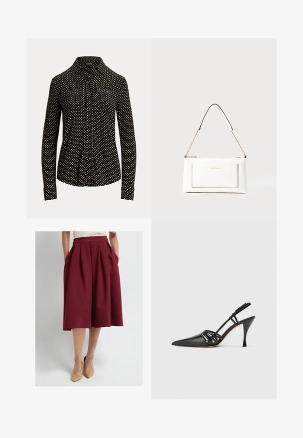 Zwarte button-up shirt met een wit vierkant patroon, lange mouwen, kraag en twee voorzakken, gemaakt van een zachte stof.; Bordeauxkleurige geplooide rok met zijzakken, gemaakt van een gestructureerde stof, knielang, gedragen met naakte hoge hakken.; Zwarte leren hoge hak slingback schoen met spitse neus, crisscross bandontwerp en slanke stilettohak. Smooth textuur en minimale accenten.; Witte leren handtas met een textuurafwerking, voorzien van een gouden schouderhengsel en zwarte accenten. Inclusief een voorvak en ritssluiting.