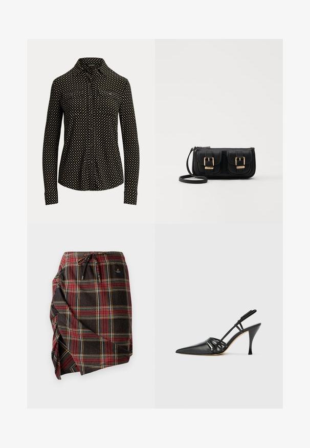 Svart knapp-up skjorte med hvitt rutemønster, lange ermer, krage og to frontlommer, laget av et mykt stoff.; Rutet omslagsskjørt i mørk stoff med røde, grønne og gule mønstre. Inkluderer strikk i midjen og en sideslitt detalj.; Sorte lærhæl med åpen bak, spiss tå, krysset stropp design, og slank stiletthæl. Glatt tekstur og minimale detaljer.; Svart skinn crossbody veske med to frontlommer, gyldne spenner, glidelåslukking og en slank stropp. Teksturert overflate og kompakt rektangulær form.