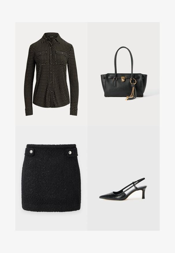 Sort skjorte med knaplukning og hvidt firkantet mønster, lange ærmer, krave og to forlommer, lavet af et blødt stof.; Sort miniskirt lavet af tekstureret stof med subtil glans. Har to sølvfarvede trykknapper i taljen til lukning.; Sorte patent slingback hæl med spids tå, prydet med tekstureret slangeskindsmønster, justerbar rem og en kort, tekstureret blokhæl.; Sort læder skuldertaske med dobbelte håndtag, guld lås og kædedetalje samt sort-hvid kvast tilbehør mod hvid baggrund.