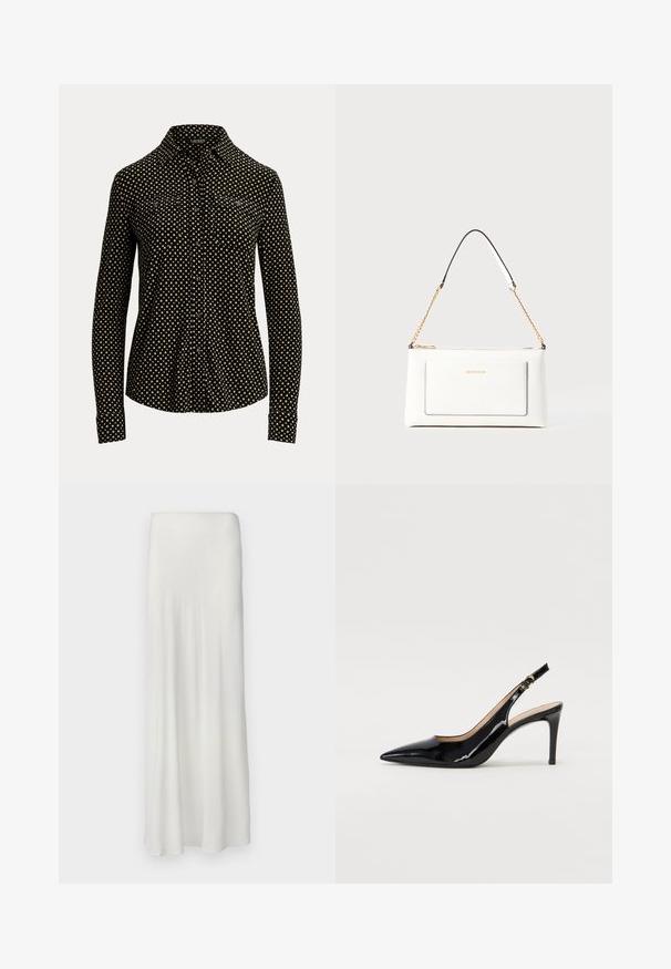 Chemise noire à boutons avec un motif carré blanc, à manches longues, col et deux poches avant, fabriquée dans un tissu doux.; Jupe longue blanche en tissu lisse et fluide. Dotée d'une taille élastique simple et d'une silhouette droite, atteignant la cheville.; Pompe slingback en cuir verni noir avec un bout pointu, un talon fin et un design de découpes subtil. Elle dispose d'une boucle dorée sur la sangle.; Sac à main en cuir blanc avec un fini texturé, doté d'une bandoulière en chaîne dorée et d'accents noirs. Comprend une poche avant et une fermeture éclair.