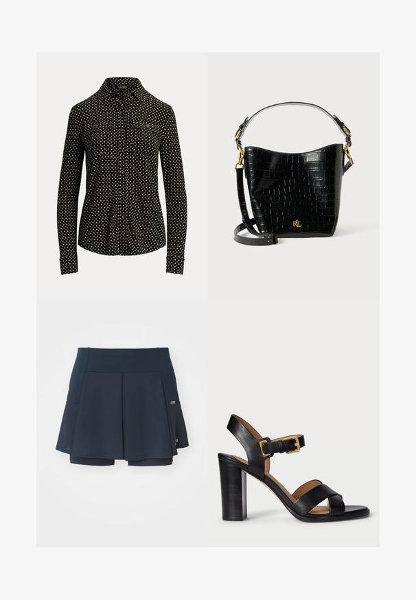 Fekete galléros ing, fehér négyzetmintával, hosszú ujjal és két elülső zsebbel, puha anyagból készült.; Tengerészeti sport szoknya, rakott kialakítással, szőtt textúrával, beépített sorttal és egy kis oldalzsebbel a kényelem érdekében.; Fekete bőr, magas sarkú szandál, keresztbe futó pánttal és csattal. Jellemzője a vastag sarok és a sima textúra.; Fekete krokodil bőrhatású táska ívelt formával, arany színű fémalkatrészekkel, állítható pánttal és logó részlettel elöl.