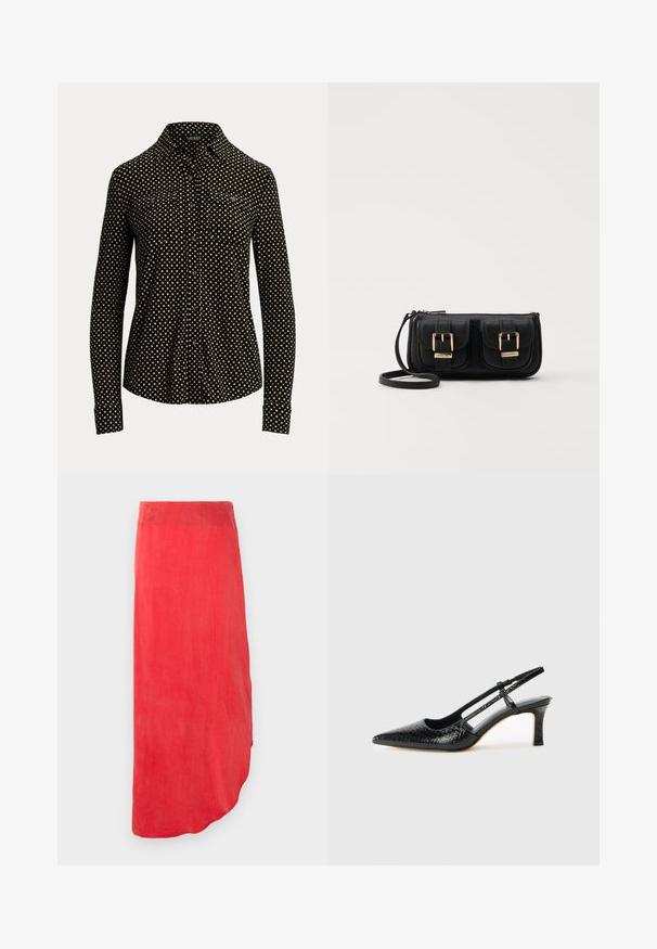 Must mustaga, millel on valged ruudud, pika varrukaga, krae ja kaks eesmist taskut, valmistatud pehmest kangast.; Punane, pahklai pikk seelik sujuvas, kergest kangast. Omab kõverat äärist ja ühtlast värvi, ilma nähtavate mustrite või kaunistusteta.; Mustmust paelad, millel on terav varvas, tekstuuriga maduprindiga, reguleeritav rihm ja lühike tekstuuriga plokknina.; Must küllastamata nahast õlakott, millel on kaks esist nähtavat taskut, kuldsed pandlad, tõmblukuga sulgemine ja peen rihm. Tekstuuriga pind ja kompaktne ristkülikukujuline kuju.