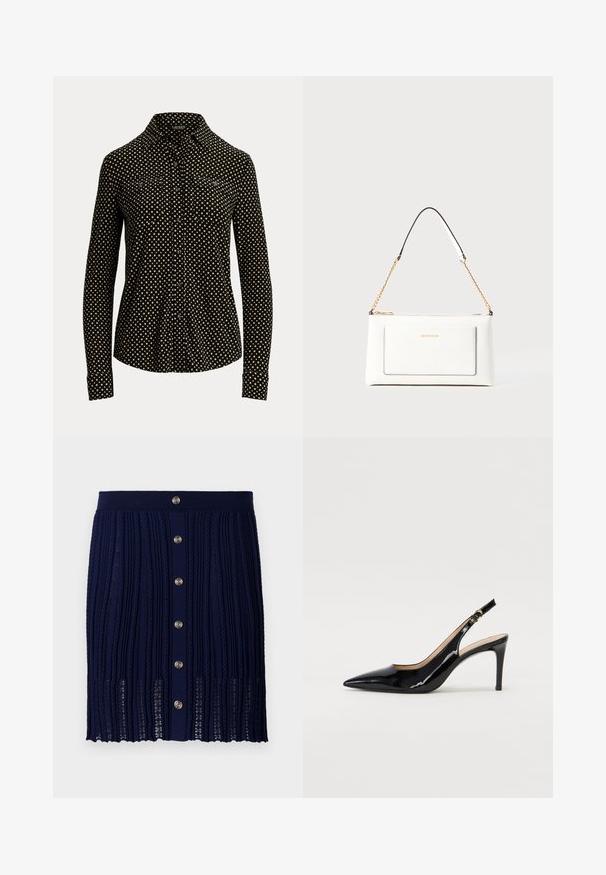 Cămașă neagră cu nasturi, cu un model în pătratul alb, mâneci lungi, guler și două buzunare frontale, fabricată dintr-un material moale.; Maje JITOURA - Fustă mini - marine; Pantofi slingback din piele patent neagră, cu vârful ascuțit, tocul subțire și un design discret cu decupaj. Se evidențiază printr-un cataramă aurie pe curea.; Geantă de mână din piele albă cu un finisaj texturat, având o curea din lanț aurie și accente negre. Include un buzunar frontal și închidere cu fermoar.
