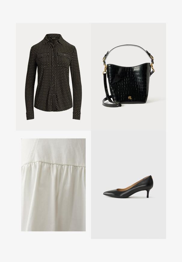 Čierna košeľa na gombíky s bielym štvorcovým vzorom, dlhé rukávy, golier a dva predné vrecká, vyrobená z jemnej tkaniny.; THE FATED PARLOUR - Minisukňa - ivory; Čierny kožený podpatek s špicatou špičkou, nízkym opätkom a hladkým povrchom. Obsahuje mierne otvorenie vpredu a minimálne kovové detaily na zadnej strane.; Čierna kabelka z kože s embosovaným hadím vzorom, zakriveného tvaru, so zlatými kovovými doplnkami, nastaviteľným popruhom a detailom loga na prednej strane.