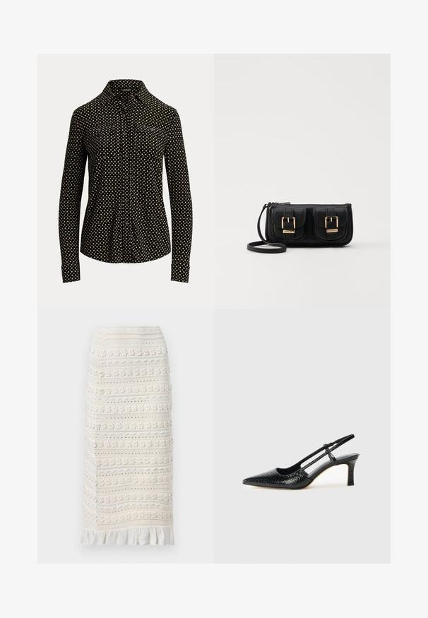 Svart knäppskjorta med vitt rutmönster, långa ärmar, krage och två framfickor, tillverkad av ett mjukt tyg.; sandro JUPE MIDI DETAILS - Pennkjol - ecru; Svart lackskin slingback-häl med spetsig tå, med texturerad ormskinnsprint, justerbar rem och en kort, texturerad blockklack.; Svart läderaxelväska med två framfickor, guldspännen, dragkedjestängning och en smal rem. Texturerad yta och kompakt rektangulär form.