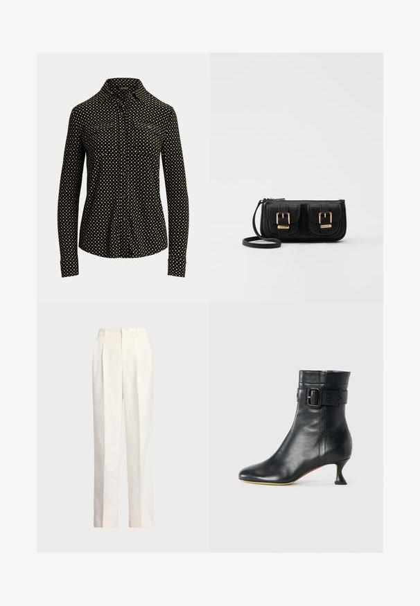 Černá košile na knoflíky s bílým čtvercovým vzorem, dlouhé rukávy, límeček a dvě přední kapsy, vyrobená z měkké látky.; Polo Ralph Lauren HEMP WIDE LEG PANT - Kalhoty - nevis; Černá kožená kotníková bota s špičatou špičkou, zúženým podpatkem a detailem s přezkou na manžetě. Hladký povrch a elegantní design.; Černá kožená crossbody taška se dvěma předními kapsami, zlatými přezkami, zipovým uzávěrem a štíhlým popruhem. Texturovaný povrch a kompaktní obdélníkový tvar.