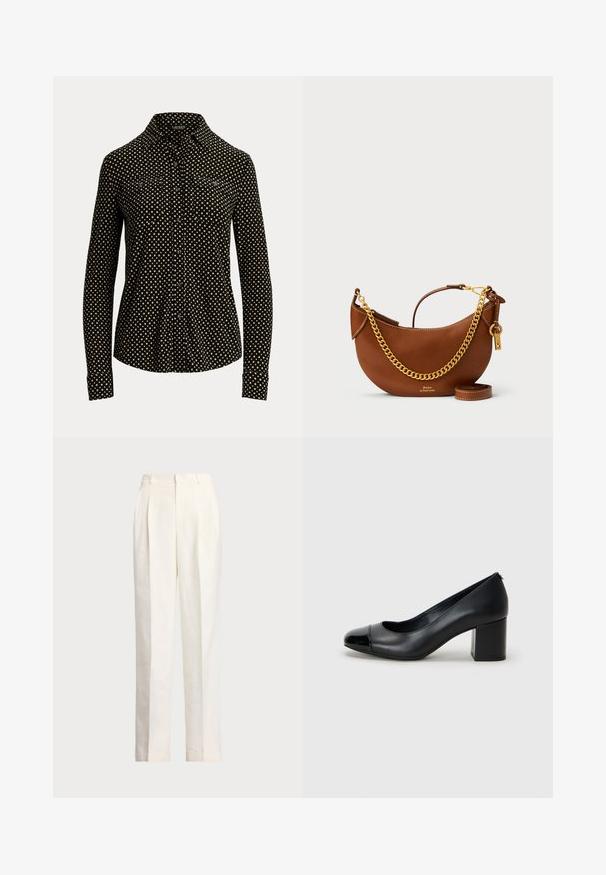 Chemise noire à boutons avec un motif carré blanc, à manches longues, col et deux poches avant, fabriquée dans un tissu doux.; Polo Ralph Lauren HEMP WIDE LEG PANT - Pantalon classique - nevis; Escarpin en cuir noir avec un capuchon de pied brillant et un talon épais. Texture lisse et design arrondi avec une ouverture subtile à l'avant.; Sac à main en cuir brun avec un design courbé, une chaîne dorée, une poche intérieure et une bandoulière amovible. Présente des coutures contrastantes.