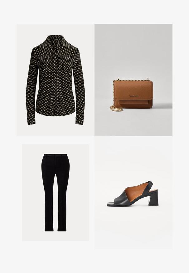 Fekete galléros ing, fehér négyzetmintával, hosszú ujjal és két elülső zsebbel, puha anyagból készült.; Fekete nadrág sima, bársonyos anyagból. Testre szabott fazon, egyenes lábbal, hagyományos derékrésszel és övhurkokkal.; Fekete bőr, nyitott orrú, slingback stílusú cipő négyzet alakú sarokkal és bézs béléssel. Ívelt felső kialakítása és texturált talpa van.; Barna textúrájú bőr keresztbody táska arany lánc pánttal és fedélzárral. Az elején logó részlet és egy zseb található a fedél alatt.