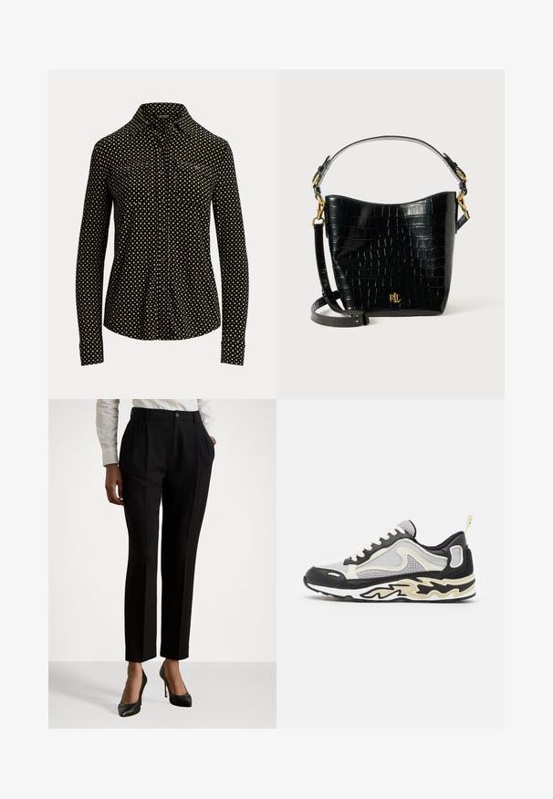 Juodas mygtukų marškiniai su balta kvadratų raštu, ilgomis rankovėmis, apykakle ir dviem priekinių kišenių, pagaminti iš minkštos medžiagos.; Juodos pritaikytos kelnės su aukštu liemeniu, turinčios klostes, mygtuko uždarymą ir šonines kišenes. Pagamintos iš sklandaus audinio.; Pilkos sportinės bateliai su juodais akcentais, tinklinėmis dalimis ir baltais raišteliais. Savybė - liepsnos raštas ant pado ir mažas geltonas kilpos užtrauktukas kulne.; Juodas krokodilo rašto odinis krepšys su lenkta forma, auksiniais aksesuarais, reguliuojama juosta ir logotipo detale priekyje.