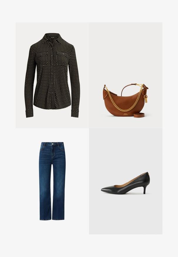 Schwarze Hemd mit Knöpfen, weißem quadratischem Muster, langen Ärmeln, Kragen und zwei Fronttaschen, aus einem weichen Stoff gefertigt.; Blaue Jeans aus Denim mit geradem Schnitt, ausgestattet mit einem Reißverschluss vorn, fünf Taschen und kontrastierenden Nähten. Glatte Textur, mittlere Wäsche.; Schwarzer Lederpumps mit spitzem Zehenbereich, niedrigem Absatz und glatter Textur. Verfügt über eine leichte Öffnung an der Vorderseite und minimale Beschläge an der Rückseite.; Braune Lederhandtasche mit geschwungenem Design, goldener Kettenriemen, Innentasche und abnehmbarem Schulterriemen. Mit kontrastierenden Nähten.