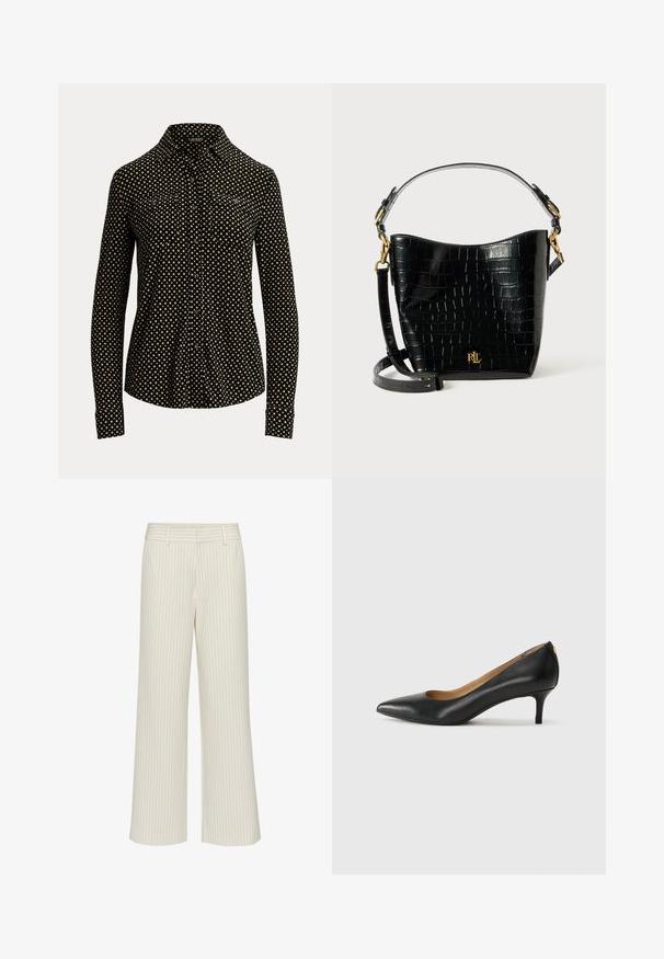 Černá košile na knoflíky s bílým čtvercovým vzorem, dlouhé rukávy, límeček a dvě přední kapsy, vyrobená z měkké látky.; Kalhoty s širokými nohavicemi z krémové tkaniny s jemnými vertikálními pruhy, s plochým pasem a poutky na pásek. Hladká textura bez kapes.; Černé kožené lodičky s špičatou špičkou, nízkým podpatkem a hladkým povrchem. Mají mírné otevření vpředu a minimální kovové prvky na zadní straně.; Černá kožená taška s krokodýlím vzorem, zakřiveného tvaru, se zlatými kovovými akcenty, nastavitelným popruhem a logem na přední straně.